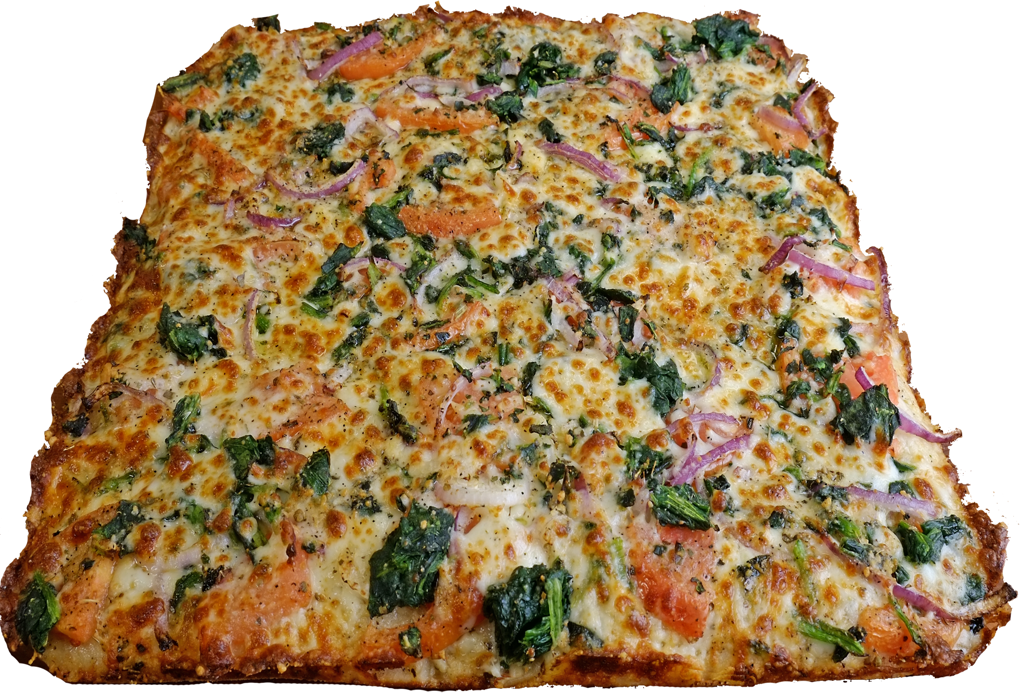 Full Three Cheese Spinach with Tomato and Onion Pizza